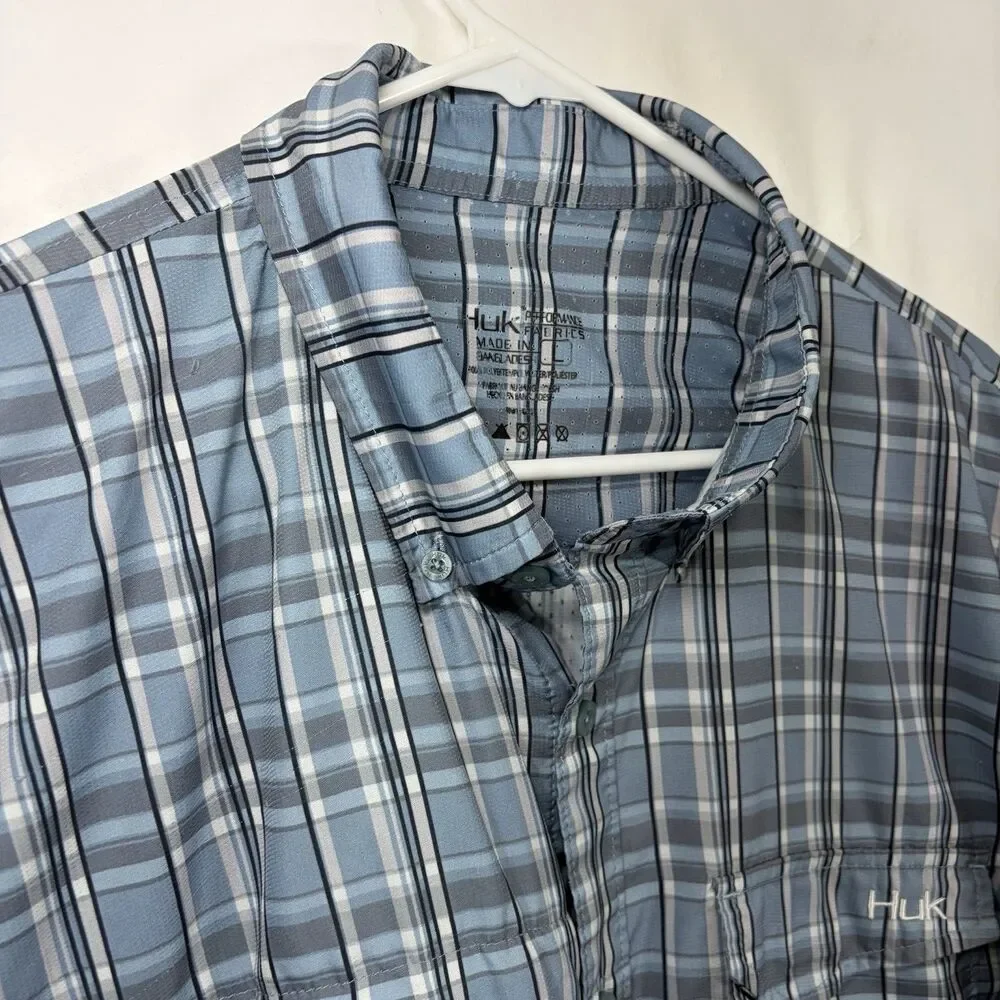 Huk Performance Short Sleeve Button Down Fishing Shirt Mens Large Blue Plaid